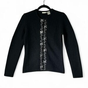 La Redoute Black Lambswool Angora Beaded Sequin Cardigan Sweater Women 6 RN88842